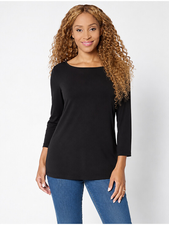 Susan Graver Tops - Susan Graver Sleek Essentials Liquid Knit Bateau Neck Top Black, Size Medium